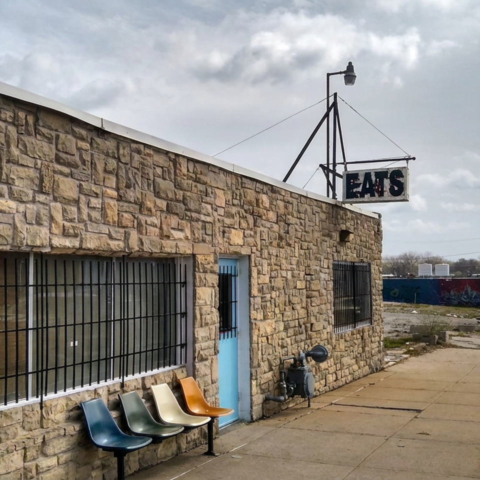 Stone restaurant building with barred windows, colorful outdoor seats, a hanging sign, and a sidewalk along parked cars.