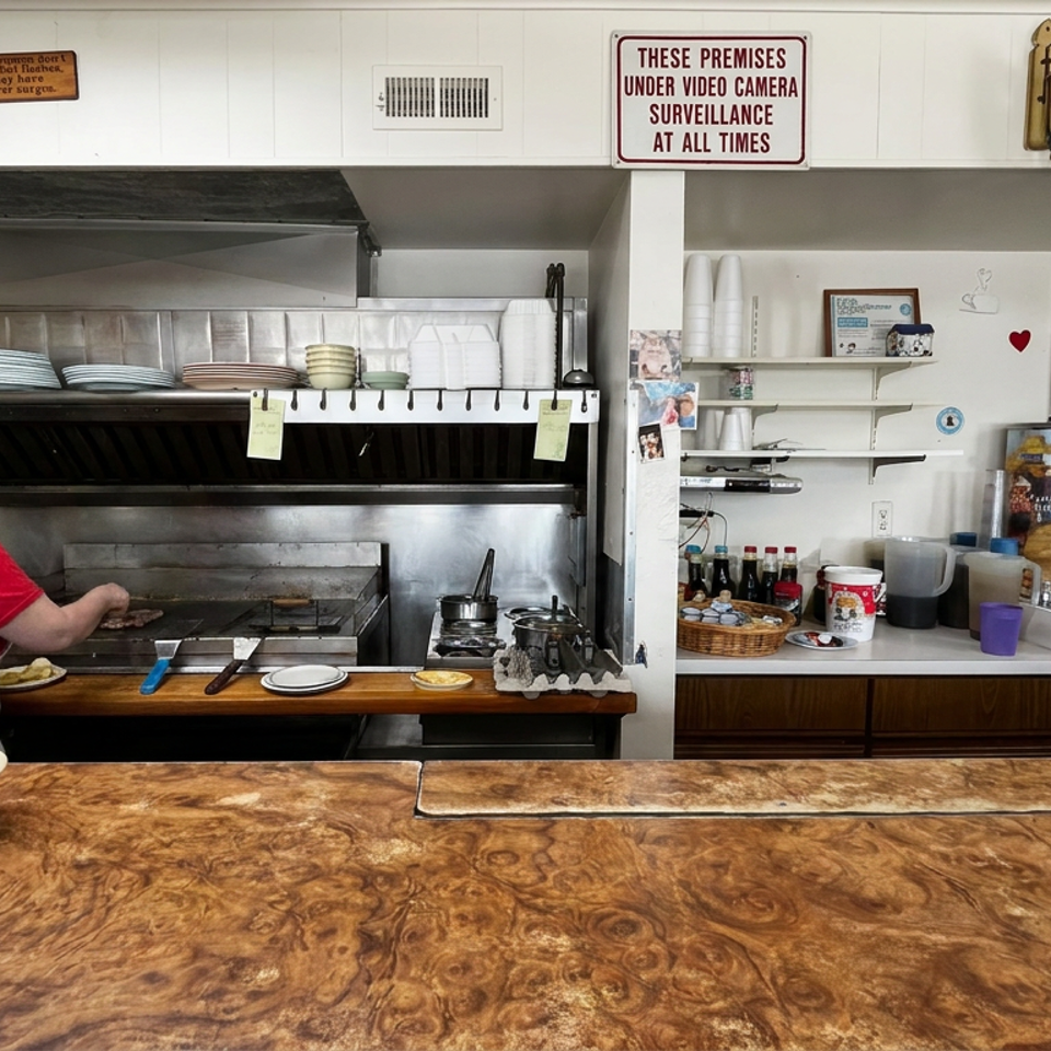 Restaurant kitchen with a cook grilling food behind a counter, surrounded by plates, condiments, and stainless-steel equipment.