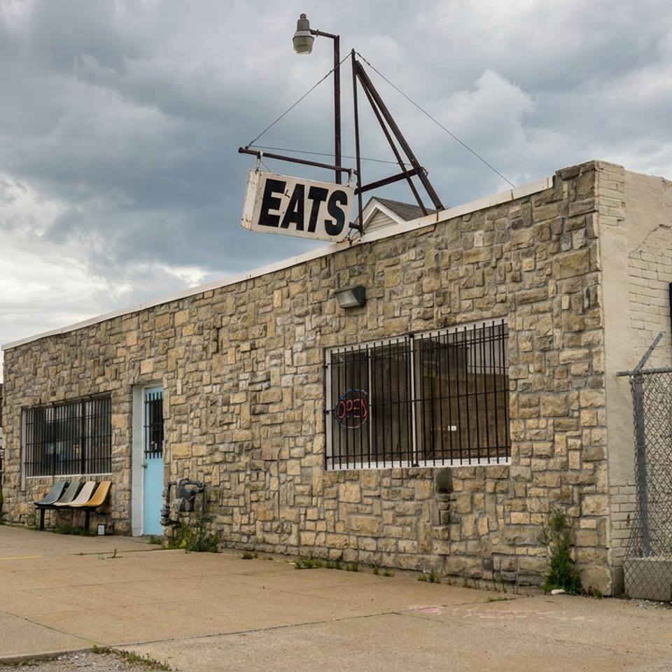 Portia’s Cafe exterior with stone walls, barred windows, vintage signs, sidewalk, and cloudy sky.