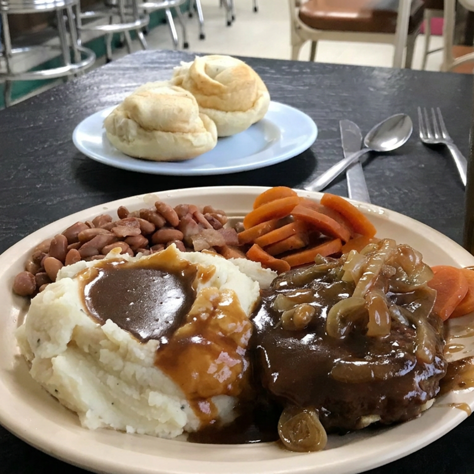 Diner table with meatloaf, mashed potatoes and gravy, beans, carrots, rolls, and iced tea.