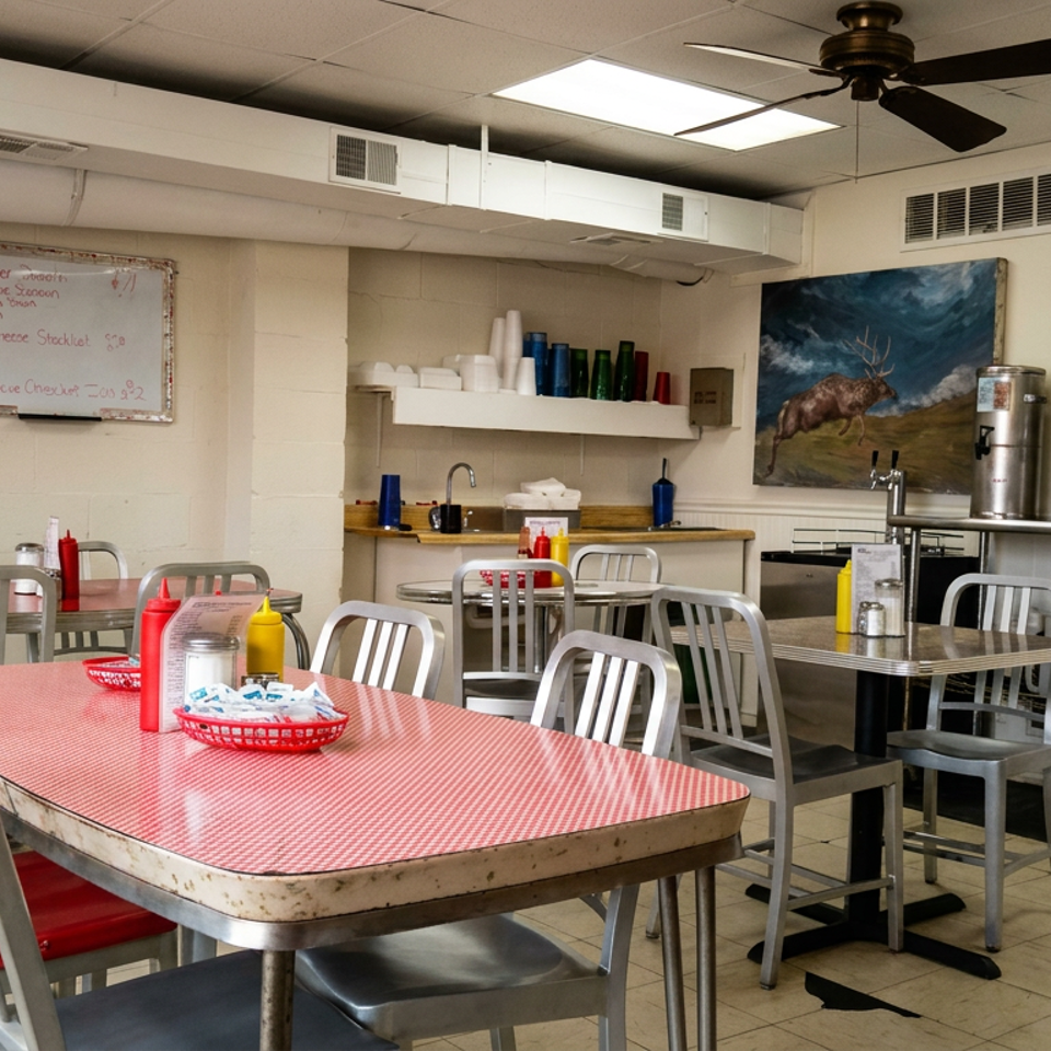 Cozy diner interior with red-checkered tables, metal chairs, condiments, beverage dispensers, and a mountain landscape painting.